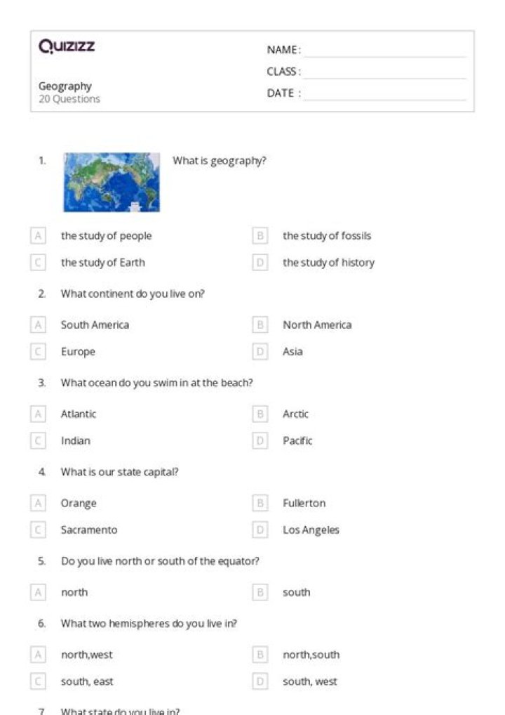 3rd Grade Geography Questions PDF: Practice Worksheets for Kids