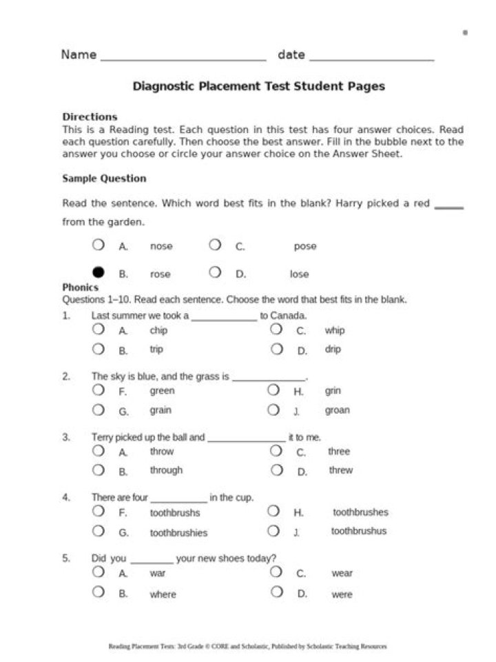 3rd Grade Reading Placement Test PDF – Free Sample