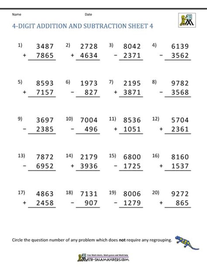 Free 4-Digit Addition and Subtraction Worksheets PDF for Kids