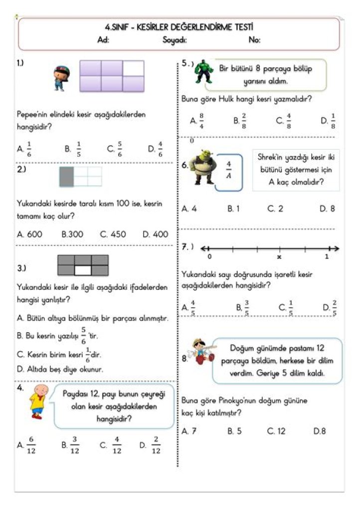 4 SÄ±nıf Kesirler Test PDF – Download Free Practice Test Now