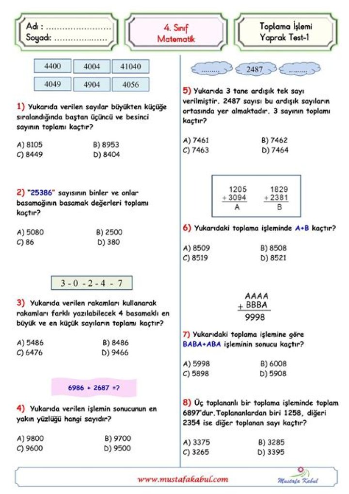 4. Sınıf Matematik Test PDF – Üniforma Prüfung & Lösungen zum Download