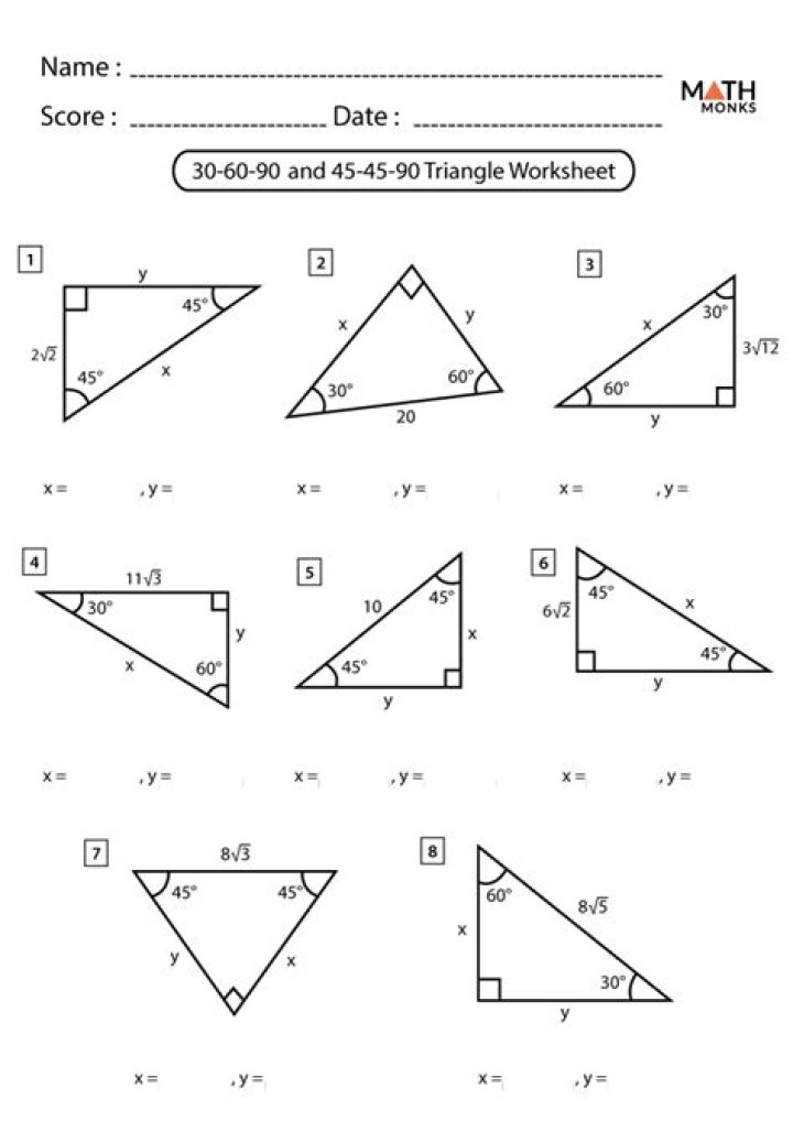 Free 45-45-90 and 30-60-90 Triangles Worksheet PDF for Geometry Practice
