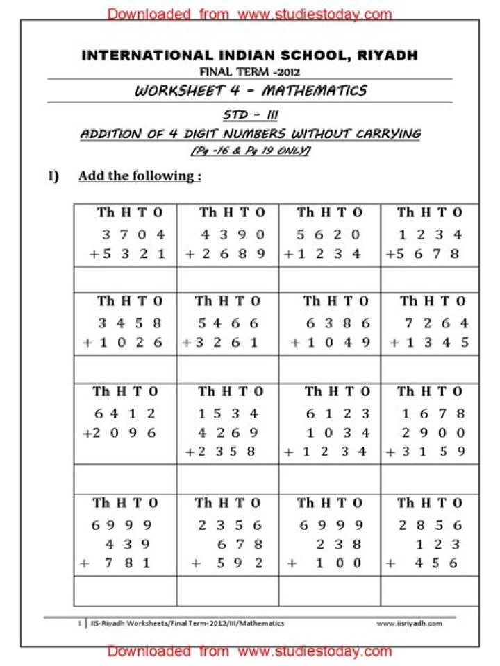 Free 4th Class Maths Worksheets PDF – Download Now