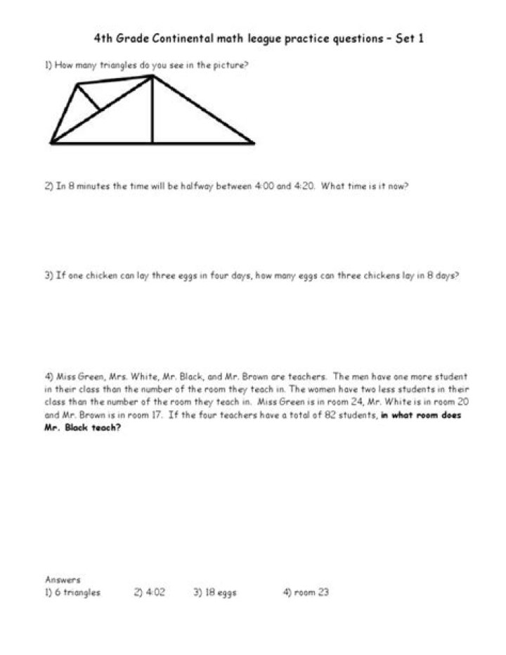 4th Grade Continental Math League Practice Questions PDF – Free Download