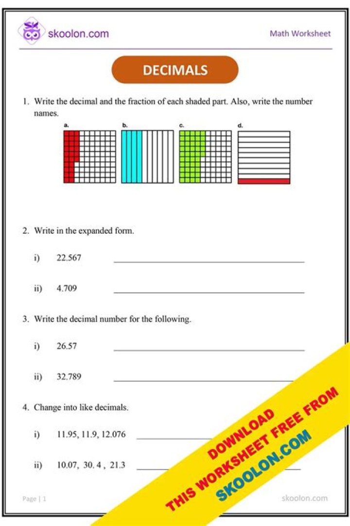 Free 4th Grade Decimal Worksheets PDF for Easy Math Practice