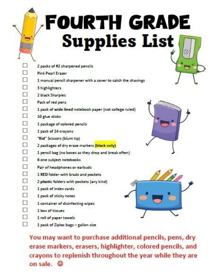 4th Grade School Supply List PDF – Free Printable Checklist