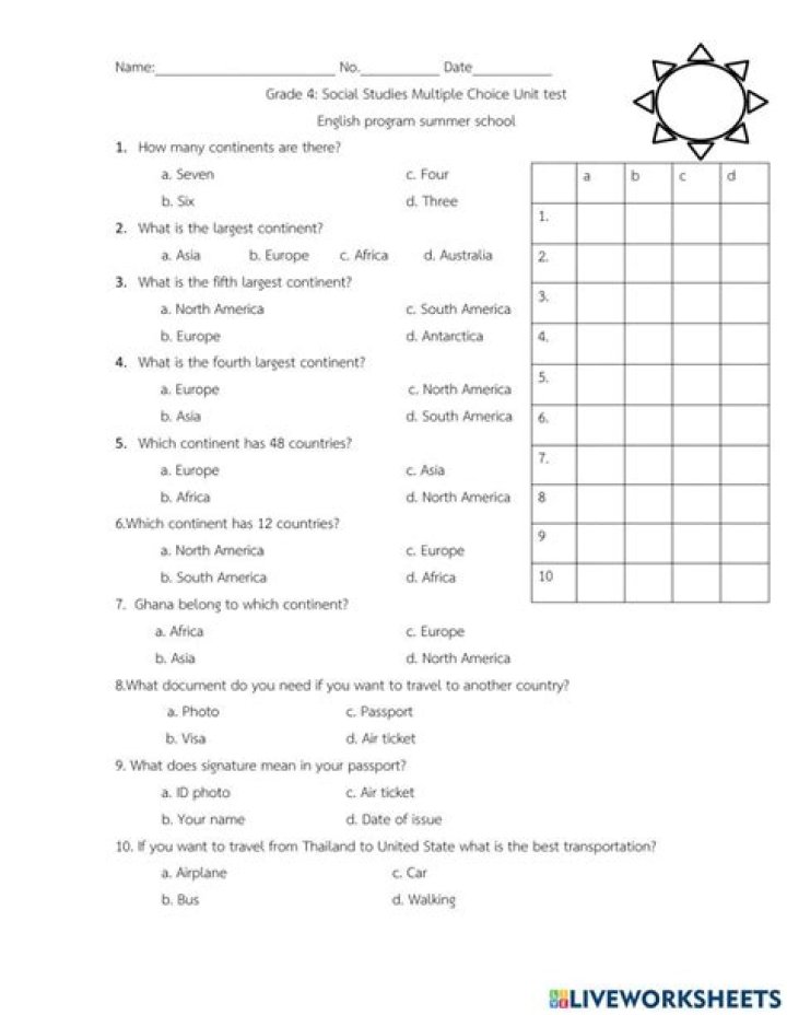 4th Grade Social Studies Worksheets with Answer Key PDF Download