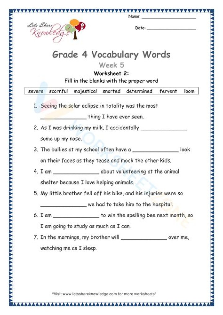 4th Grade Vocabulary Test PDF: Free Practice Worksheet