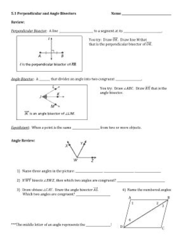 5.1 Perpendicular Lines and Angle Bisectors Answer Key PDF