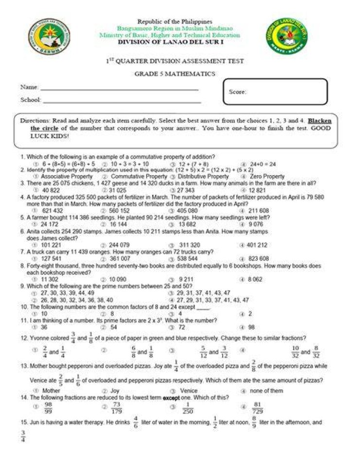 Free 5th Grade Math Test PDF – Download Now