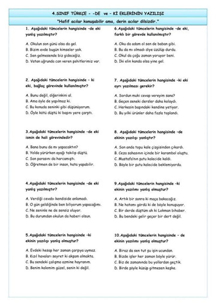 5. Sanıf De ve Ki'nin Yazımı Test PDF – Öğrenin Hızlı