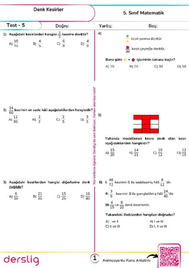 5 Sınıf Kesirler Test PDF – Download Free Exam Sample