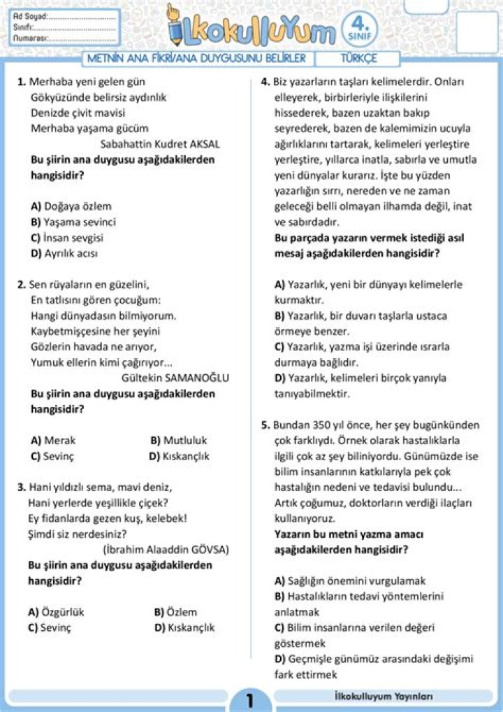 SÄnıf Metnin Konusu ve Ana Fikri Test PDF Download
