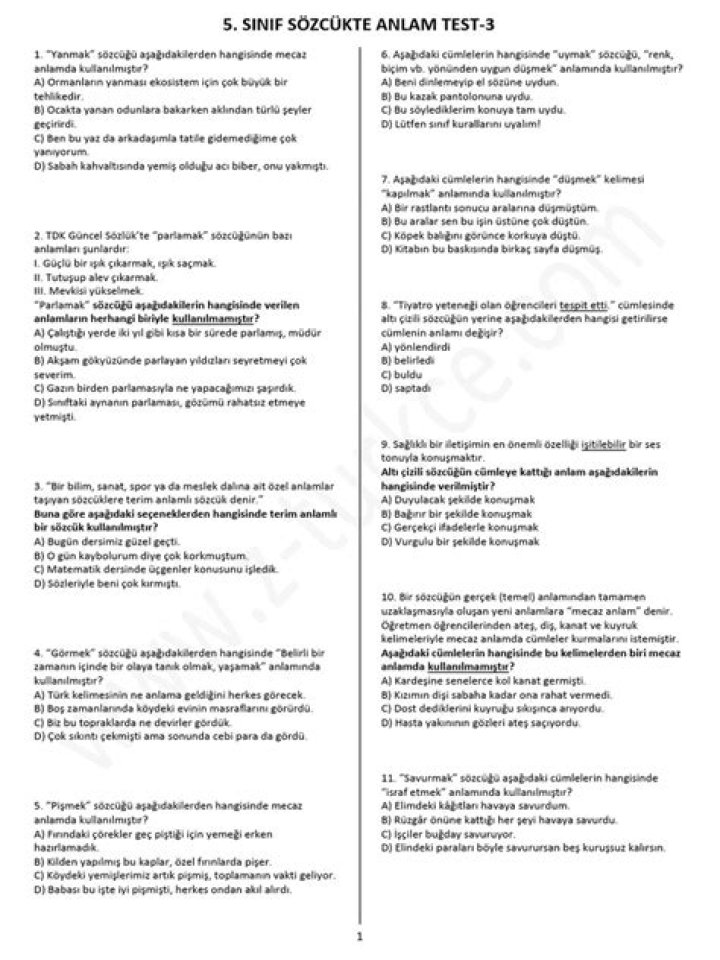 5. Sınıf Parçada Anlam Test PDF – Üstüde Analiz ve Örnek