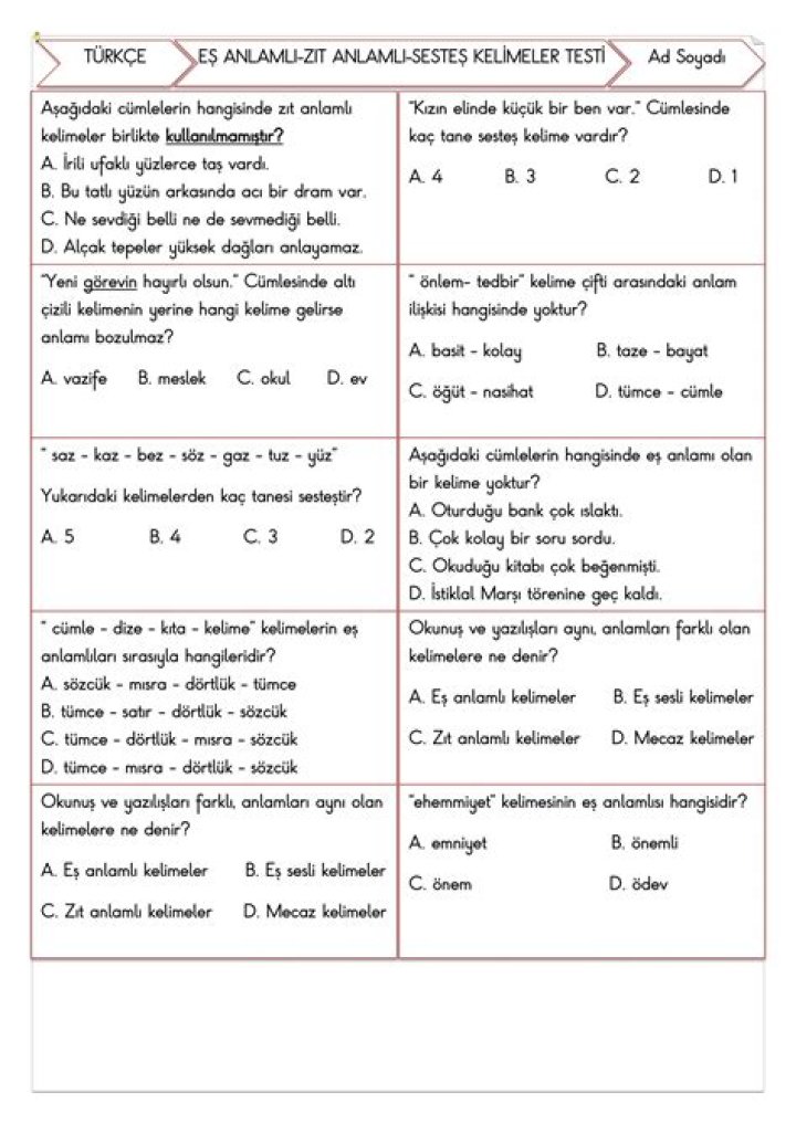 5. Sâñıf Türkçe Cümlede Anlam Test PDF – Gelişmiş Analizi