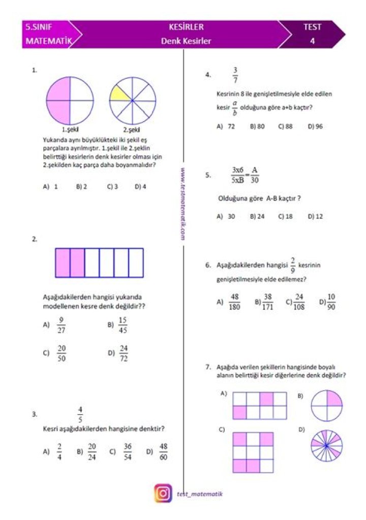 5 Sinif Kesirler Test PDF – Download Free Exam Sample
