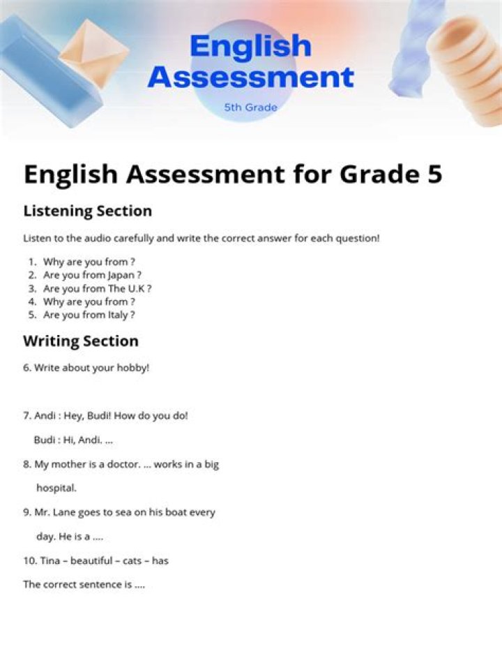 5th Grade English Assessment Test PDF: Full Practice Worksheets