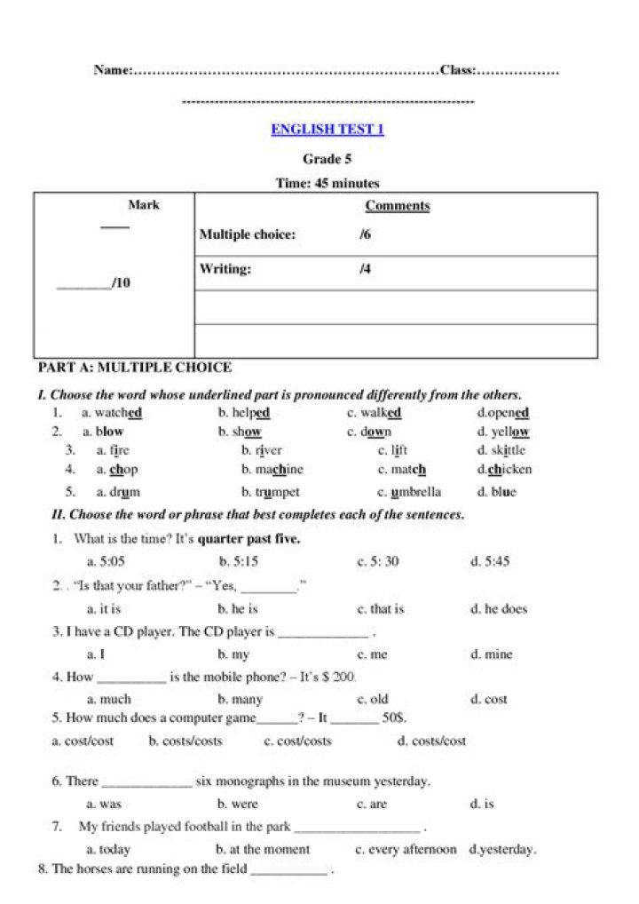 5th Grade English Test with Answers PDF – Practice & Grade Review