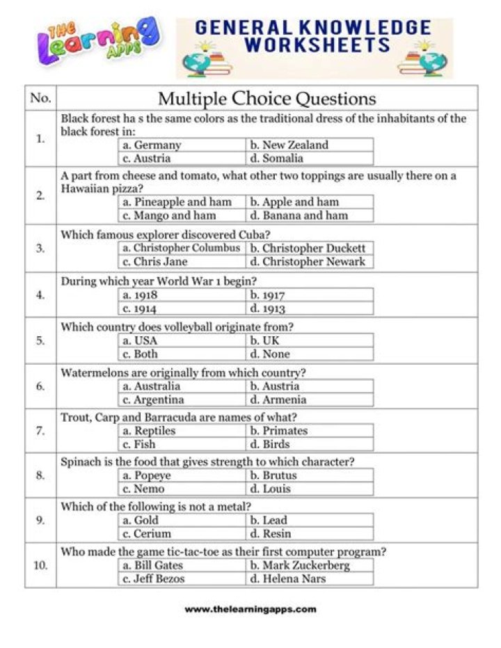 5th Grade General Knowledge Questions & Answers PDF – Printable Practice Workbook