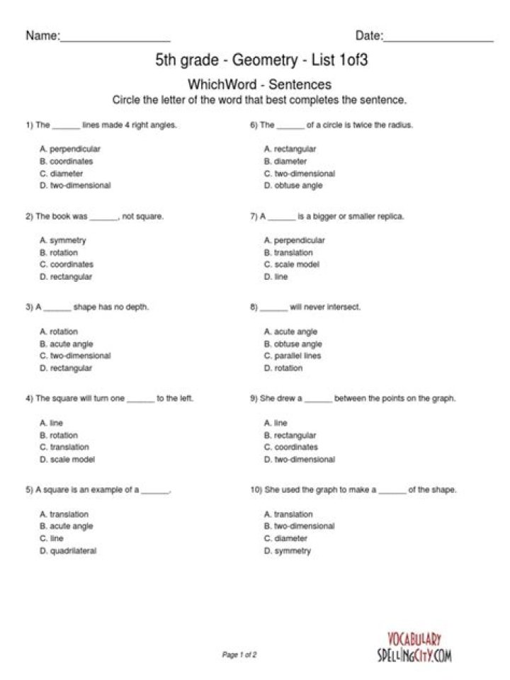5th Grade Geometry Test PDF for Practice