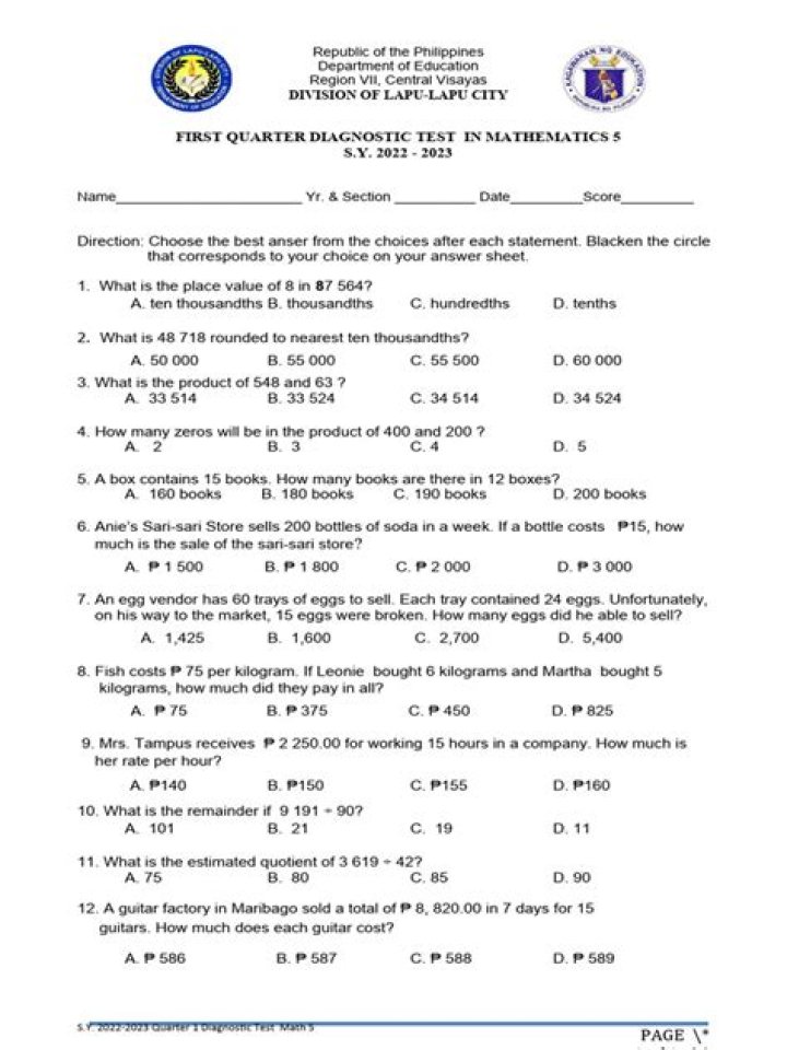 5th Grade Math Diagnostic Test PDF – Instant Assessment for Students