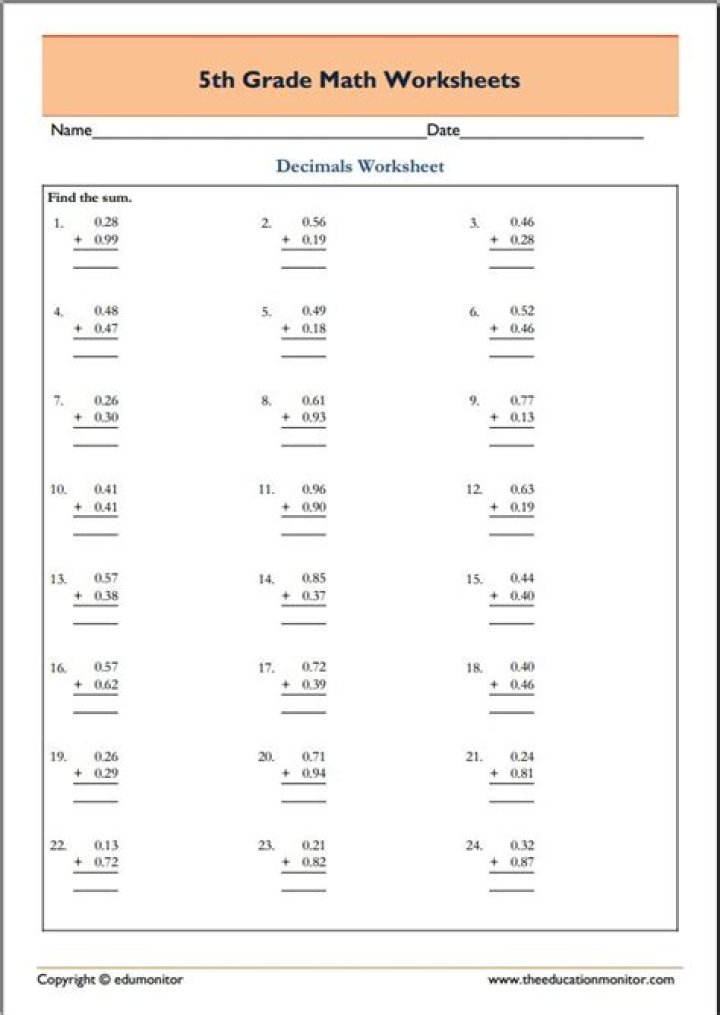 Free 5th Grade Math Worksheets PDF – Instant Download for Homework & Practice
