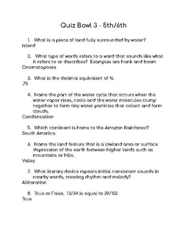 5th Grade Quiz Bowl Questions PDF – Free Practice Test