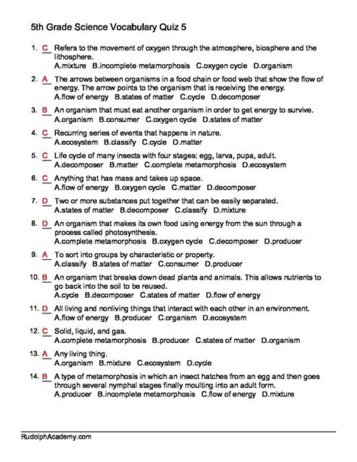 5th Grade Science Quiz Questions and Answers PDF for Students