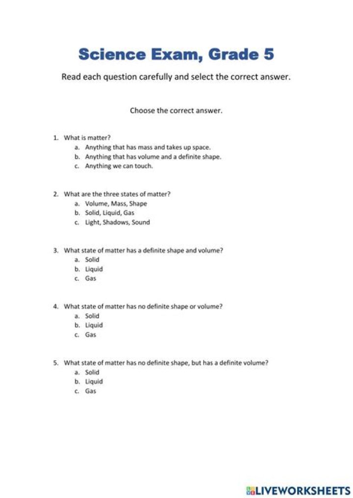 Free 5th Grade Science Test PDF Worksheets Texas