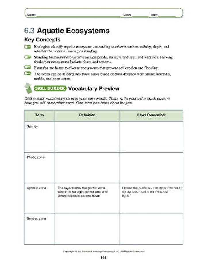 6.3 Aquatic Ecosystems PDF Answer Key & Study Guide