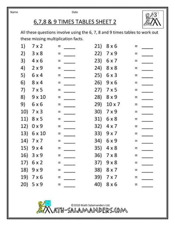 Free 6-7-8-9 Times Tables Worksheets PDF for Home & School