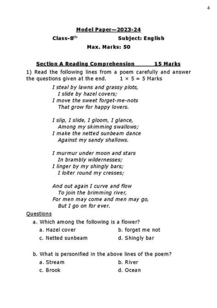 6-Class English Question Paper 2020 PDF Download