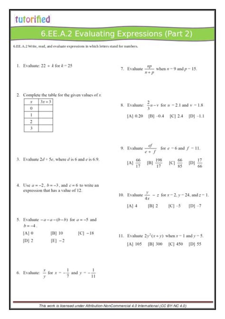 6.ee.2 Worksheets PDF: Free Math Practice for Students