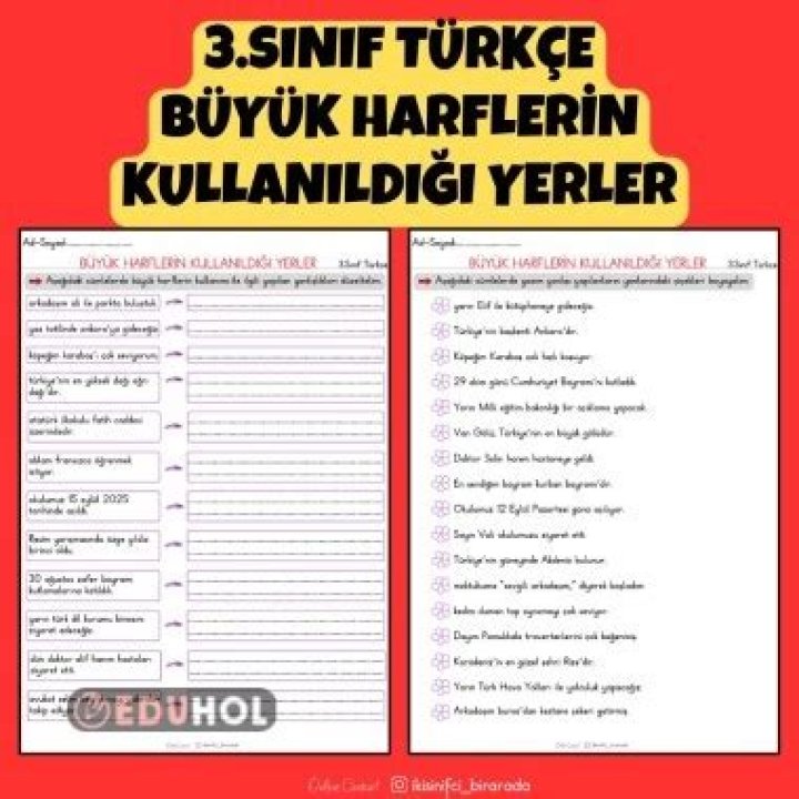 6. Sanıf Büyük Harflerin Kullanıldığı Yerler Test PDF