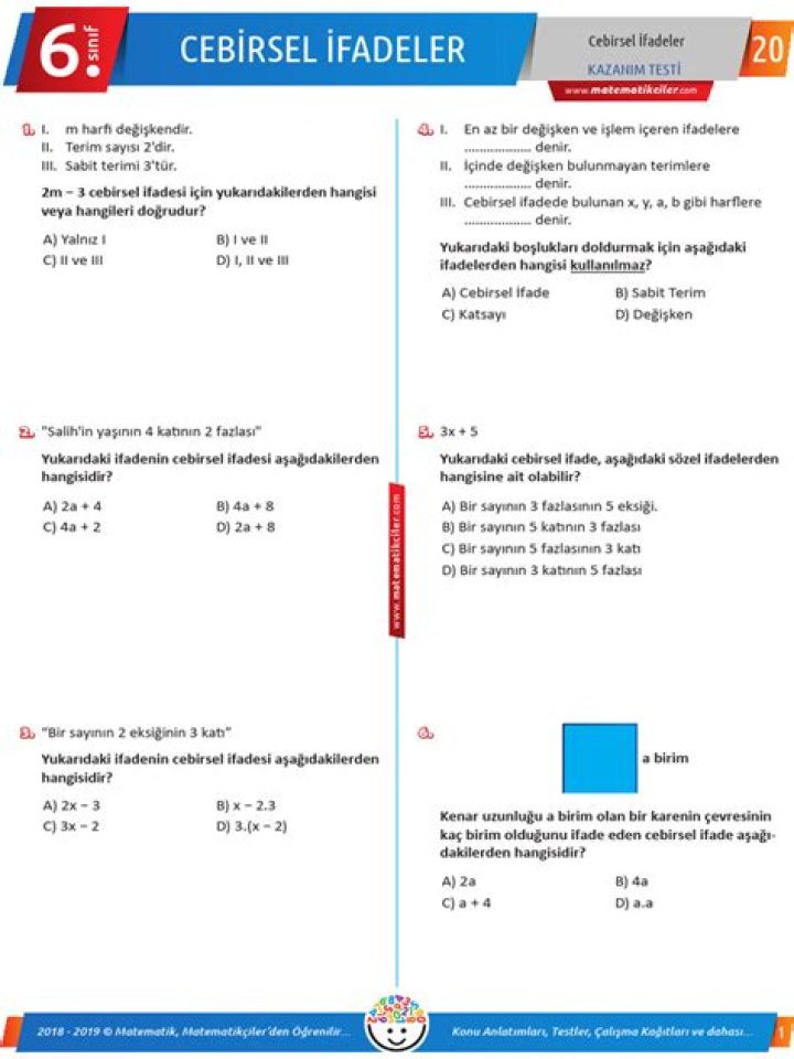 6 SÃ±ıf Cebirsel İfadeler Test PDF – Ekstra Konuşma ve Başarı
