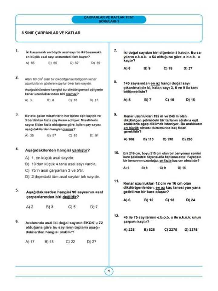 6 Sınıf Matematik Çarpanlar ve Katlar Test PDF – Eğitim Fiyatları & Öğretim