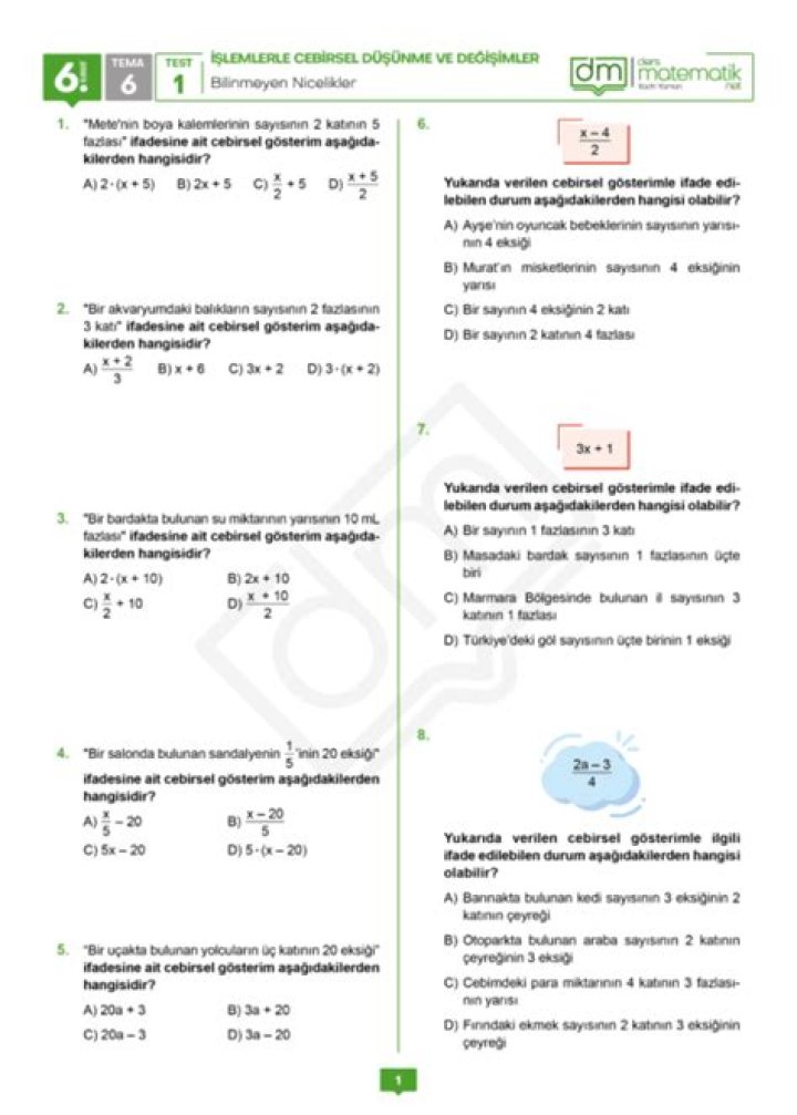 6 SÄ±nÄ±f Matematik Cebirsel İfadeler Test PDF – Sınav Yararları