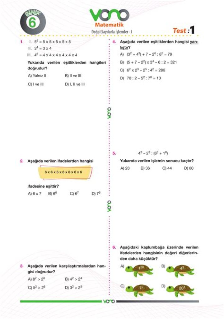 6.sÄ±nÄ±f Matematik Test PDF – Übungsblatt & Lösung zum Herunterladen