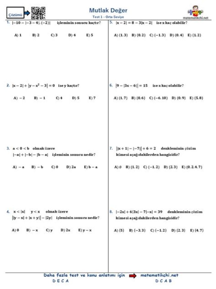 6.sınıf Mutlak Değer Test PDF – Çıkarış Sınıf Testi