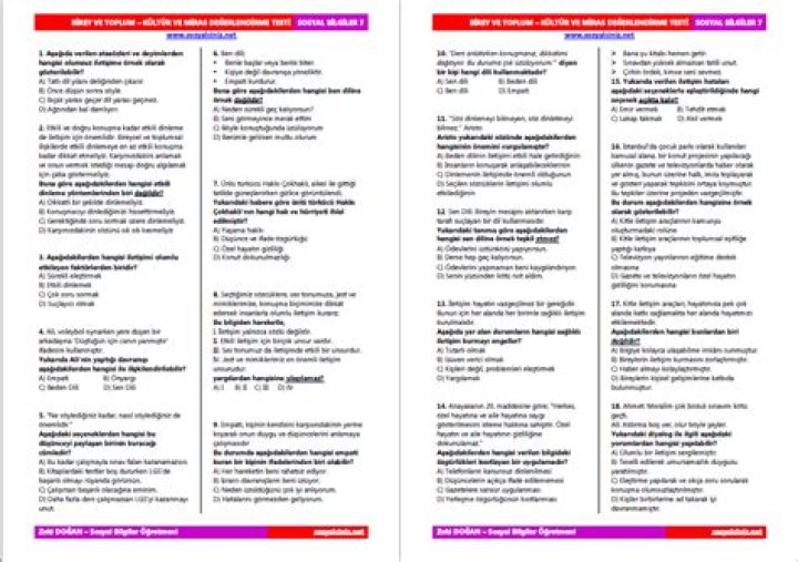 6. Sünüf Sosyal Bilgiler Birey ve Toplum Test PDF - Yoğun Sosyal Bilgi Übün