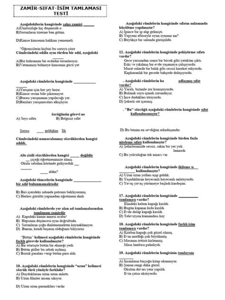 6. Sãnıf Zamir Sıfat Test PDF – Accurate Results Download