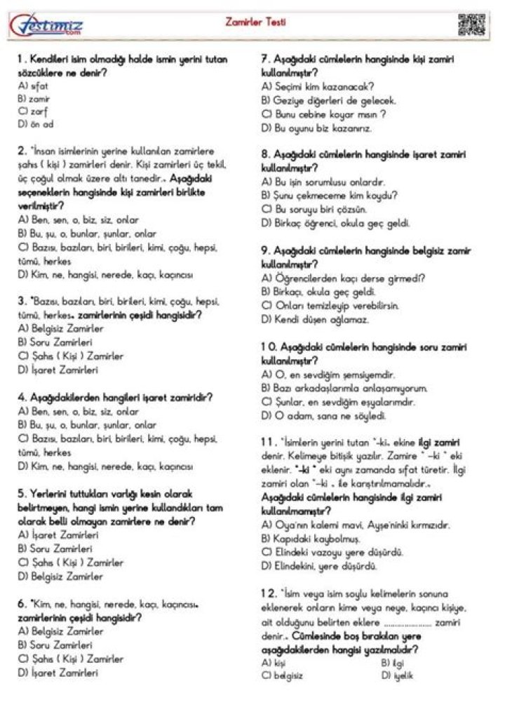 6 Sânıf Zamirler Test PDF – Perfect Practice for Exam Success