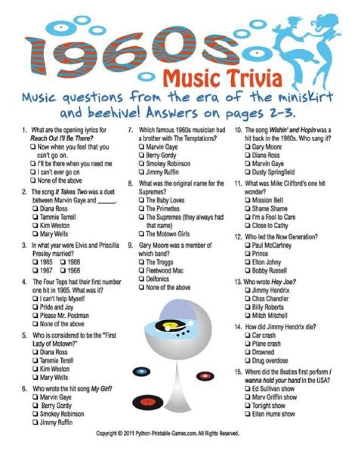 60s and 70s Music Quiz Questions and Answers PDF – Printable Study Guide