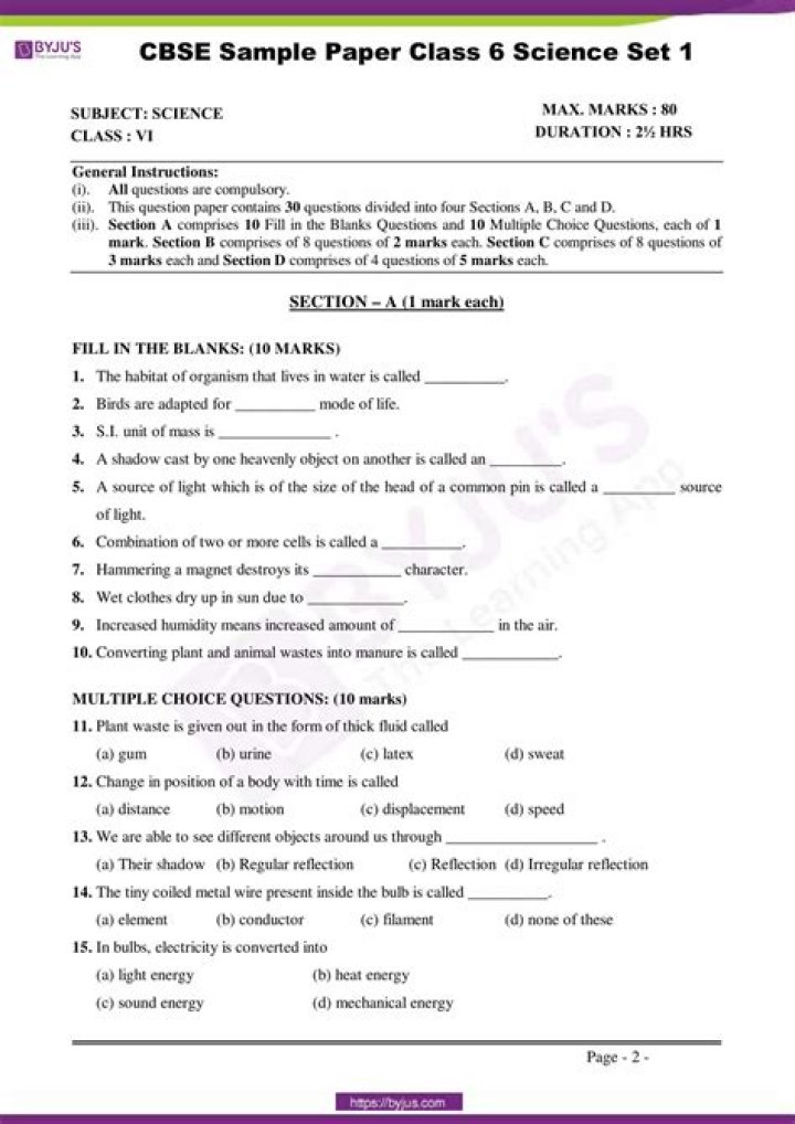 6th Class Entrance Exam Question Paper PDF Free Download