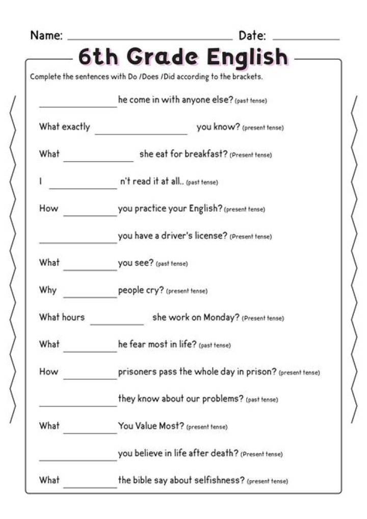 Free 6th Grade English Worksheets PDF for Home & School Use
