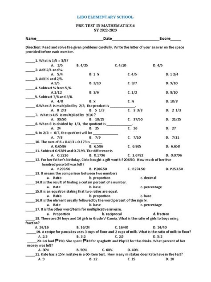 6th Grade Math Diagnostic Test PDF – Instant Free Printable
