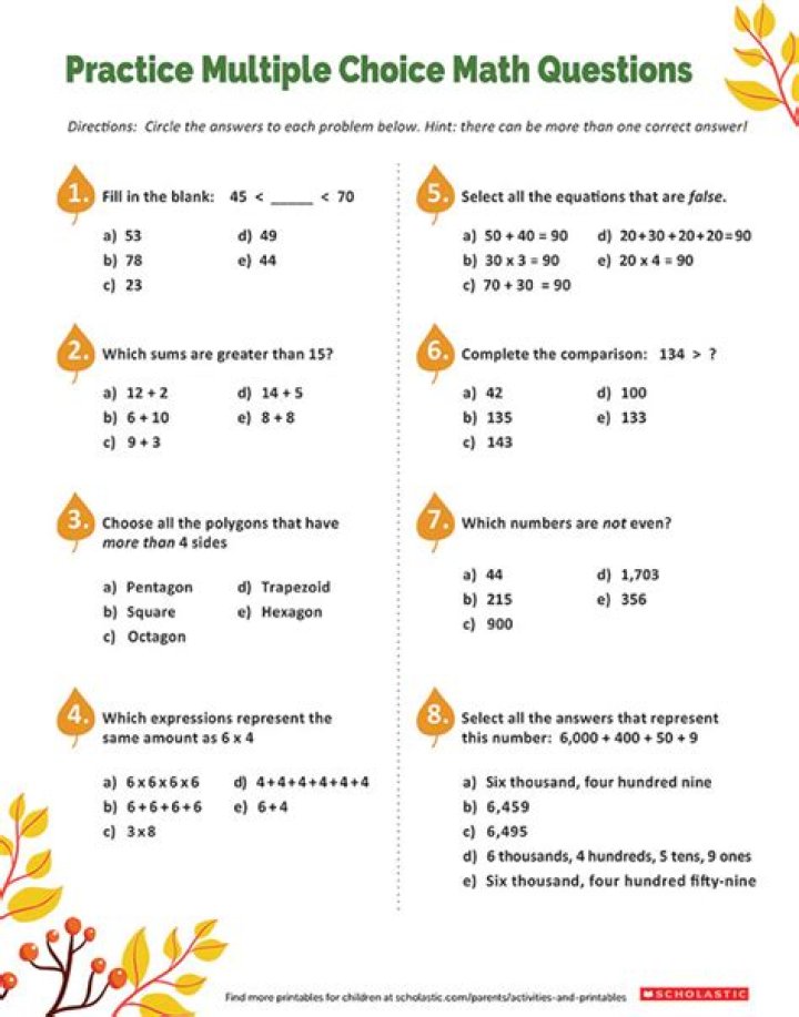 6th Grade Math Multiple Choice Questions PDF for Free Download