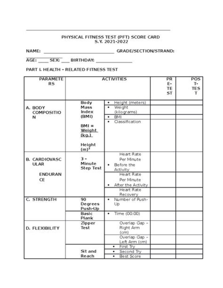 6th Grade Physical Fitness Test Forms PDF – Free Download