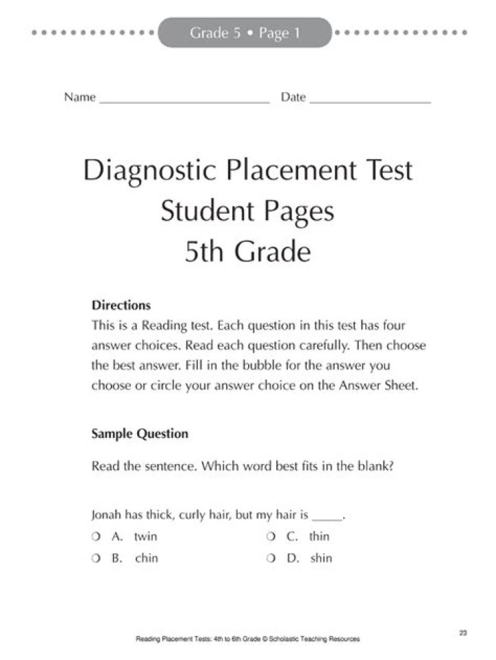 6th Grade Placement Test PDF with Answer Key for Students