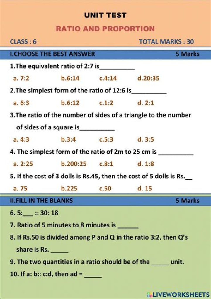 6th Grade Ratio and Proportion Test PDF – Free Practice Worksheets